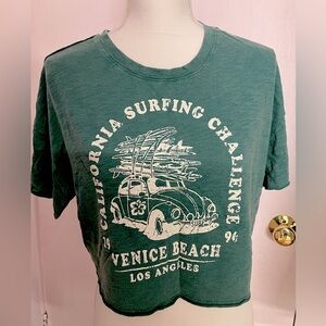 California Surfing Challenge Women’s  Cropped T-Shirt, Large, Green/Ivory White